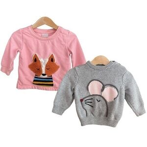 Hanna Andersson Gray Knit Mouse Pink Fox Appliqué Sweater Bundle